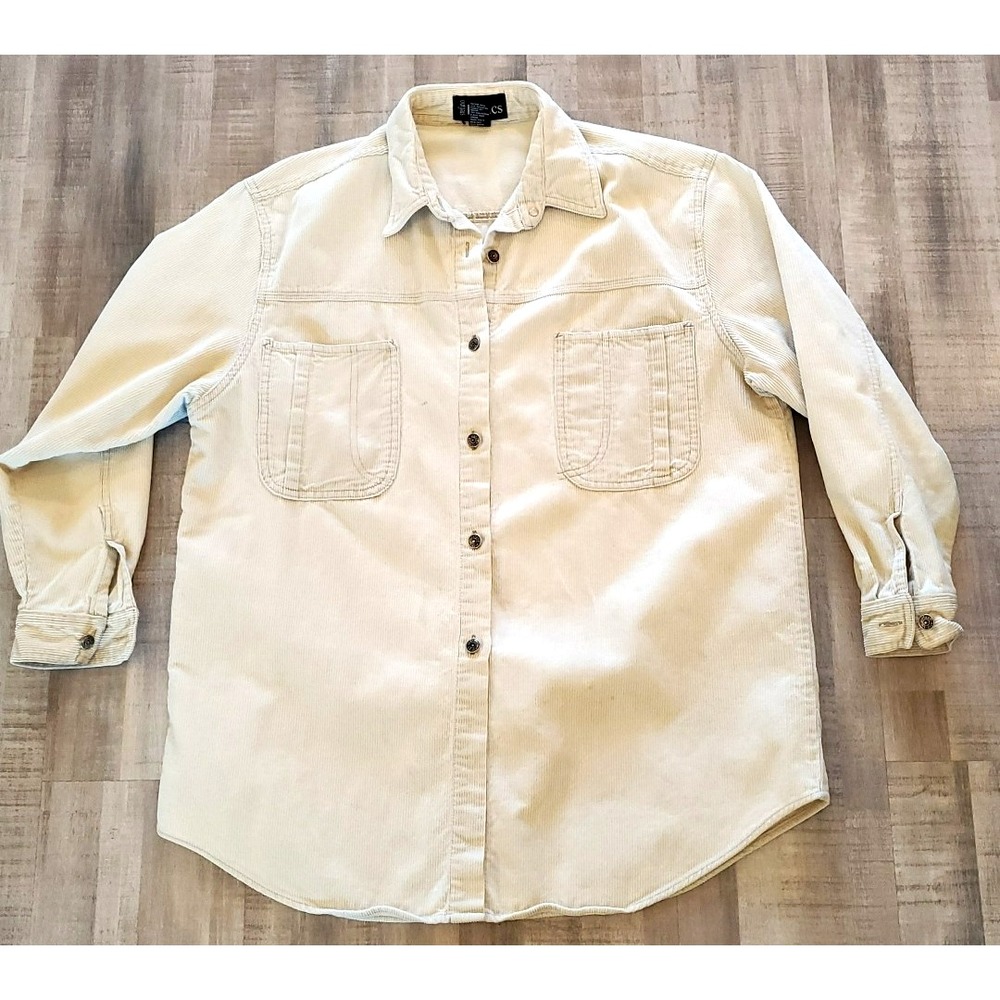 VTG Stefano Basics Black Men's Corduroy Shirt Shacket Large Beige Cream 2 Pocket